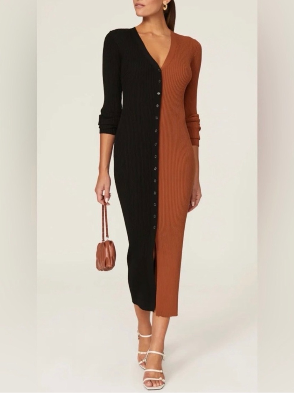Staud Two-Tone Rib Knit Button-Front Midi Dress in Black and Brown